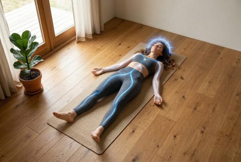 Figure in savasana with luminous energy waves flowing through body, representing somatic awareness and the gateway of sensation