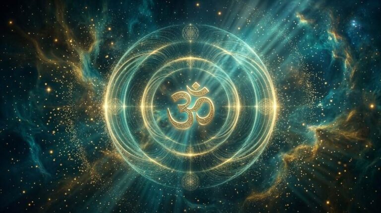 Ultra realistic cosmic sound waves emanating from sacred Om symbol in golden light, representing mantra and nada yoga vibratory transformation