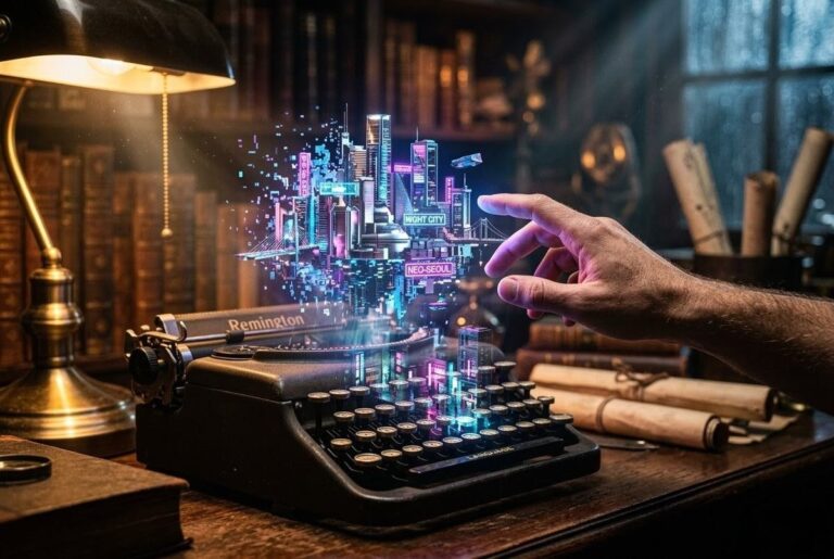 Hand reaching toward holographic city emerging from typewriter keys, symbolising AI world-generation