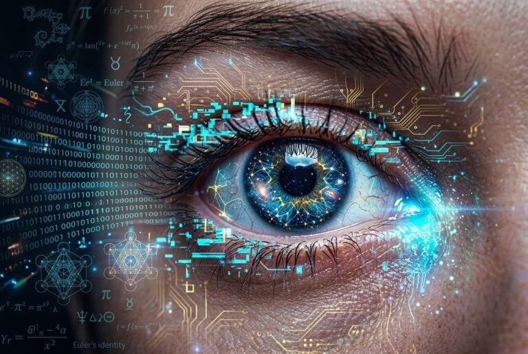 Digital eye glitching to reveal code and sacred geometry, representing predictive processing consciousness and the simulation of self