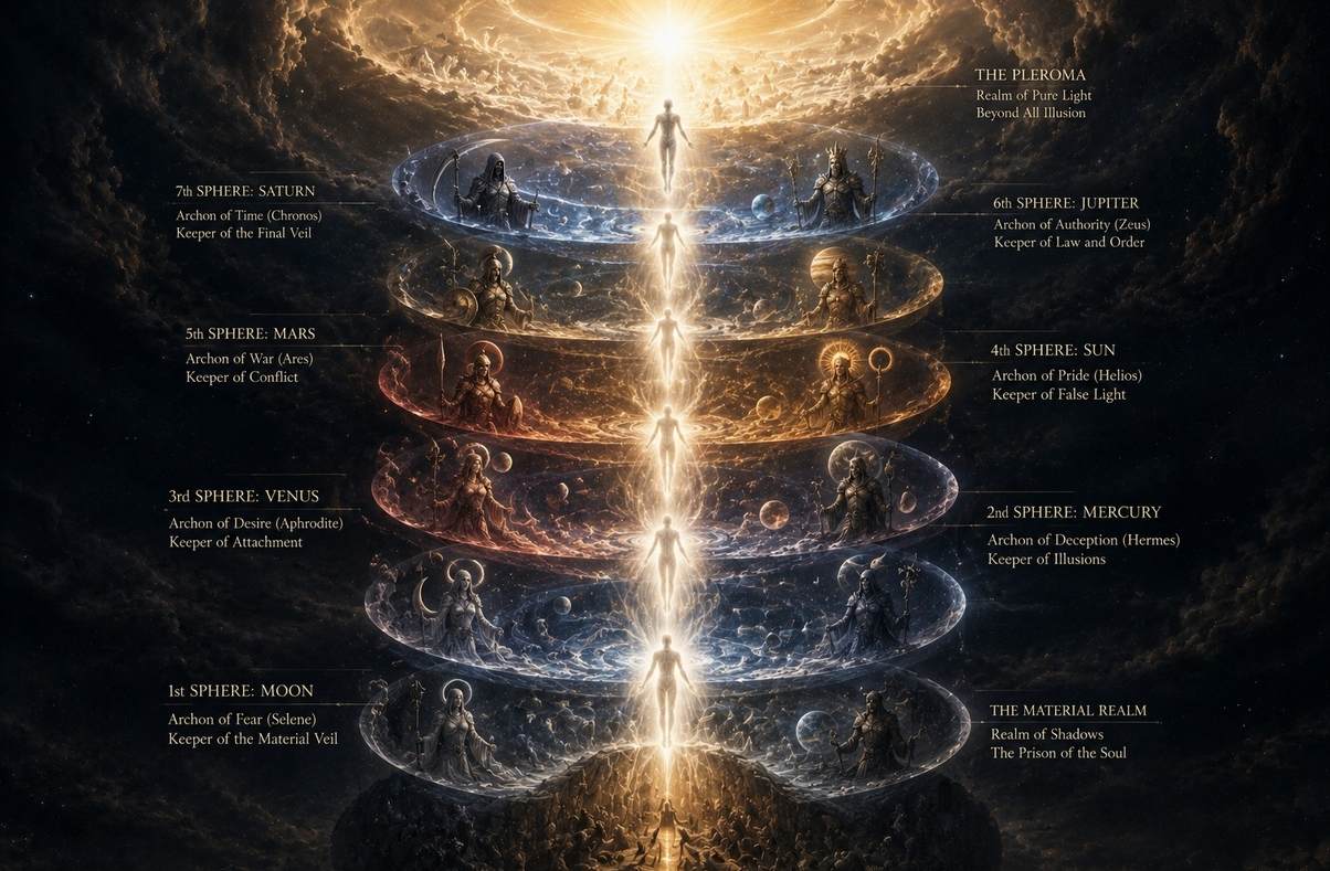 Soul as luminous figure ascending through seven concentric planetary spheres, each guarded by an archonic figure, breaking through veils toward radiant Pleroma above