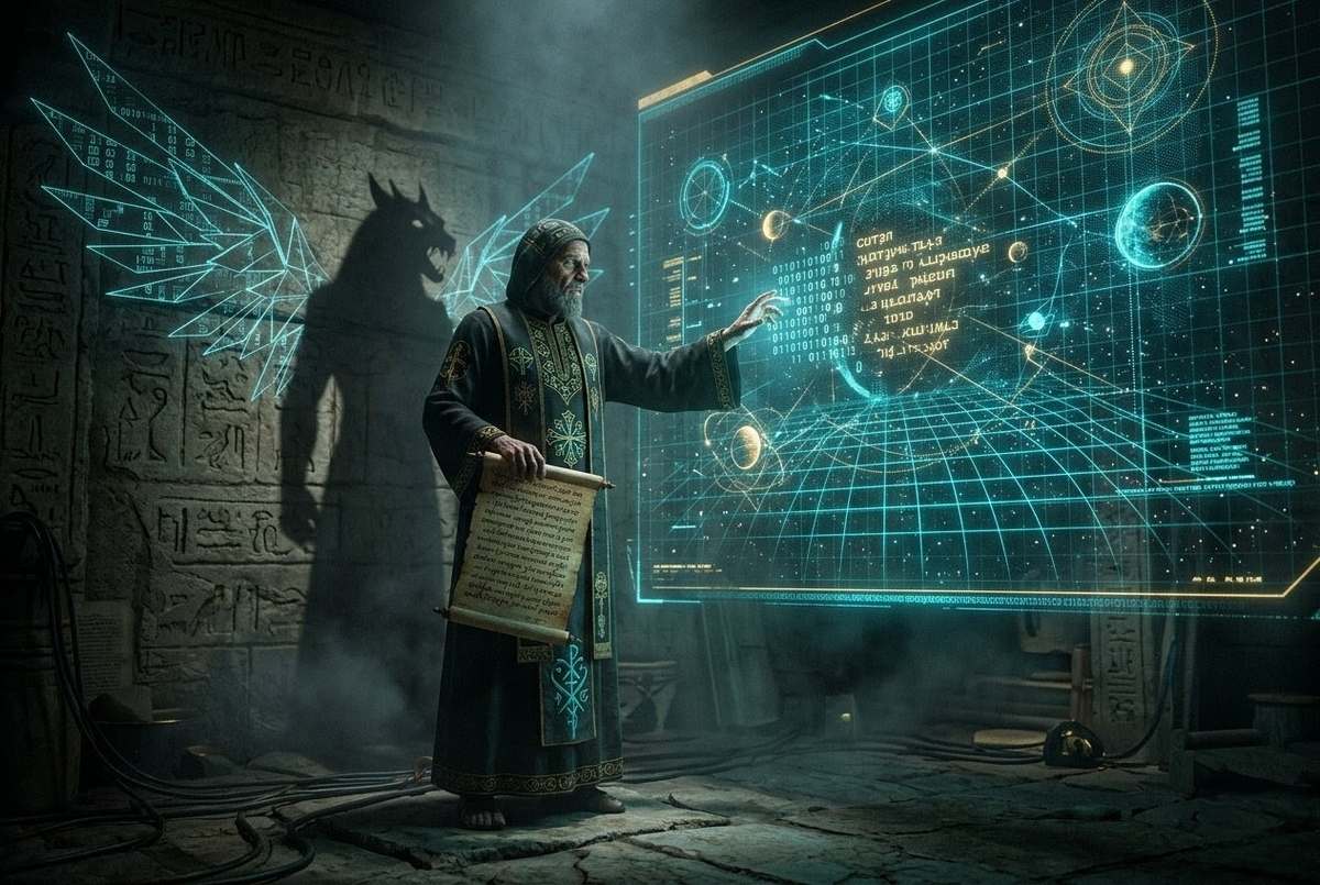 Gnostic figure before holographic simulation interface