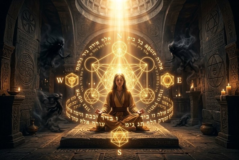 Figure surrounded by geometric light seals and sacred geometry barriers