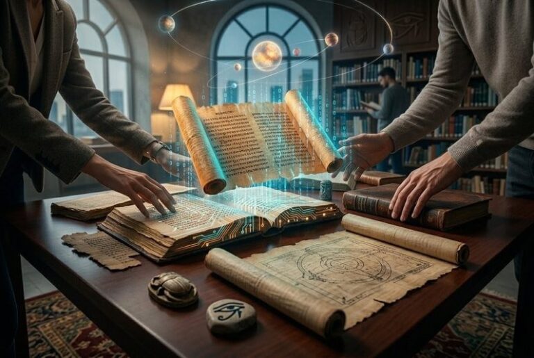 Ancient Coptic codex of the Gospel of Thomas floating with holographic binary code and circuit patterns overlaying the papyrus pages