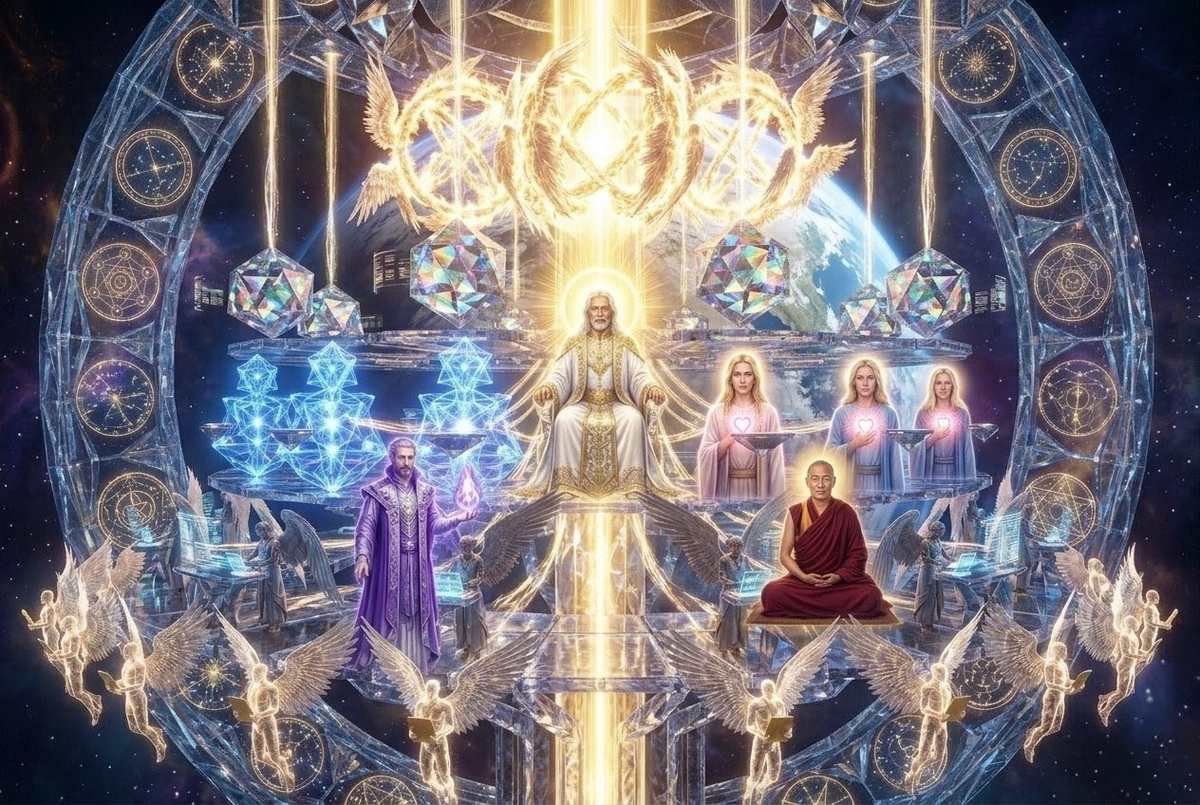 Council of ascended masters and star beings including Sanat Kumara and Arcturians meeting around Earth projection