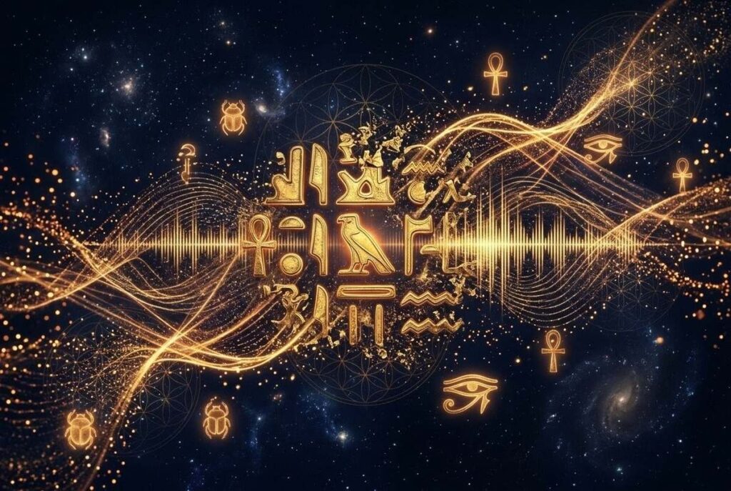 Abstract visualization of golden hieroglyphs transforming into sound waves, vibrating through cosmic space, luminous particles