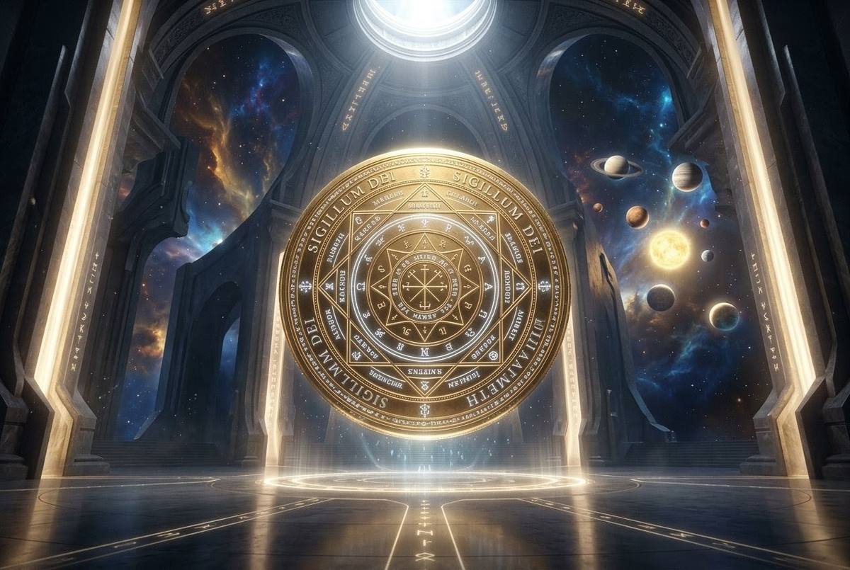Photorealistic golden Sigillum Dei Aemeth floating in cosmic throne room with seven planetary spheres