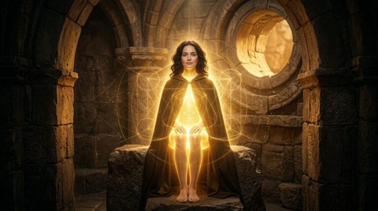 image of practitioner performing Heptarchic Daily Alignment ritual facing east at dawn with Sigillum Dei Aemeth