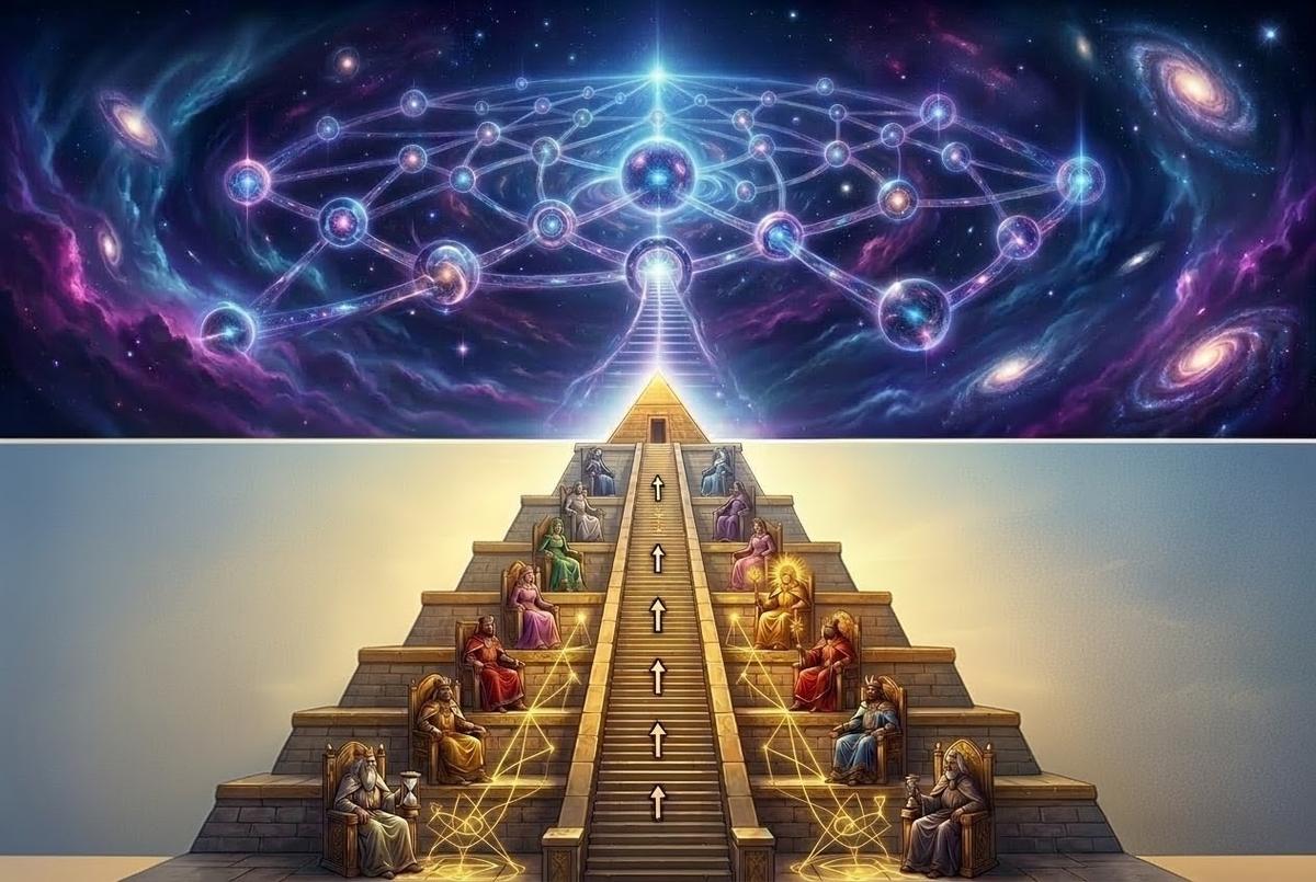Split image showing structured 7-tier Heptarchia foundation versus vast cosmic Aethyrs above