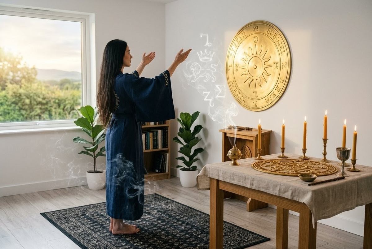 Photorealistic image of practitioner in ritual space facing golden planetary symbol with incense and Sigillum
