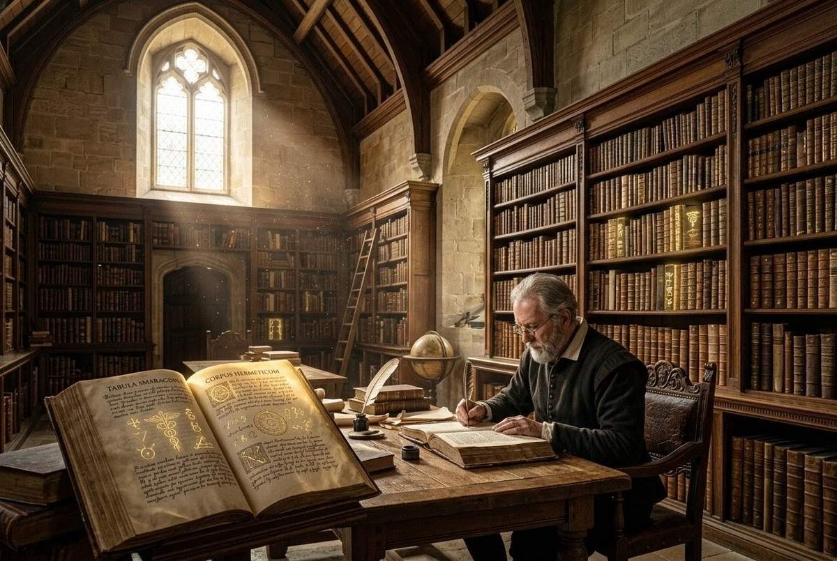 Renaissance library with hermetic texts showing hidden glowing symbols to initiated viewer