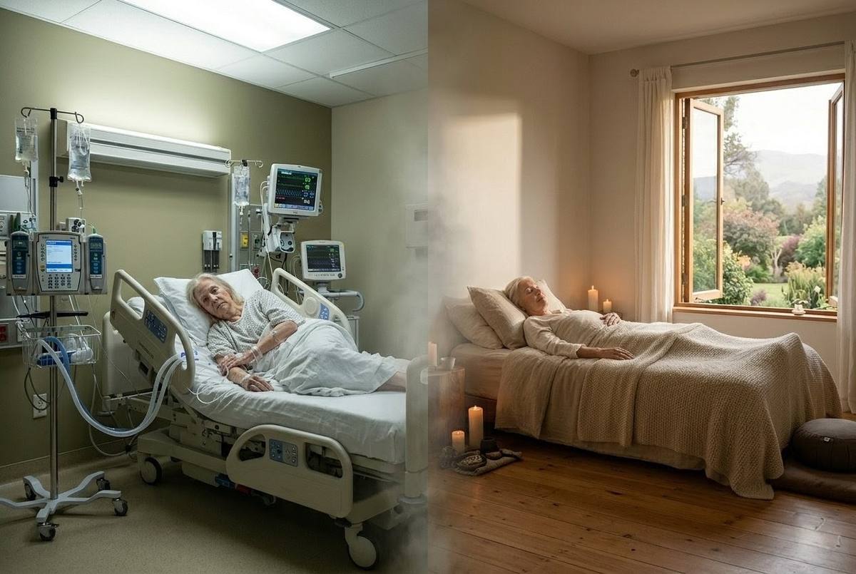 Split composition showing sterile hospital room on left and serene contemplative death chamber with candles on right