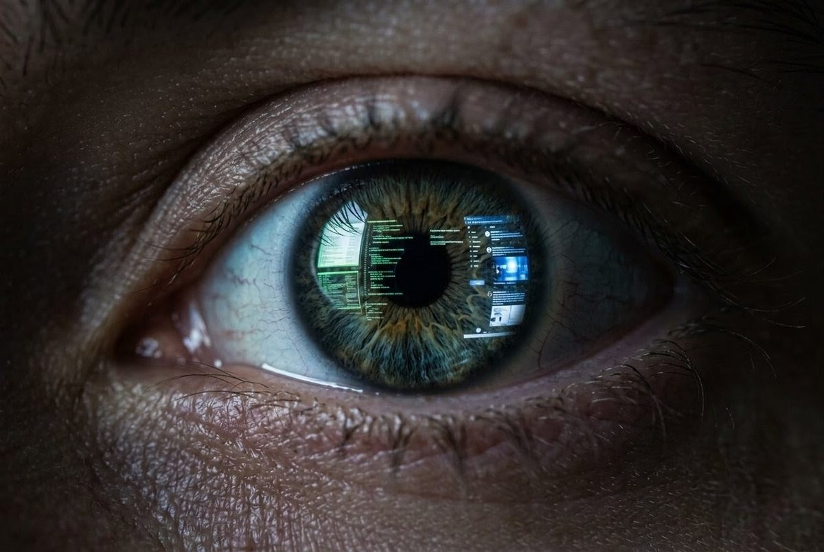 Close-up of human eye reflecting digital interface screens with code and social media feeds in dark moody lighting