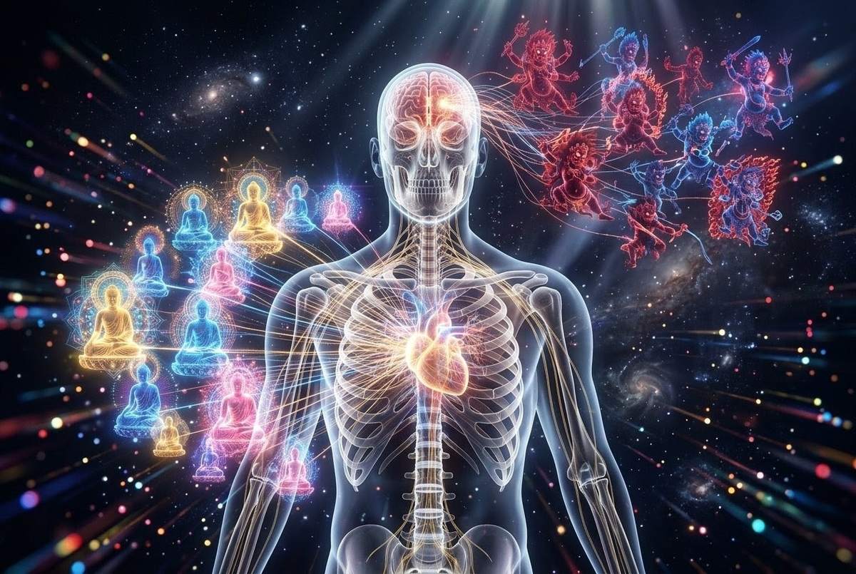 Transparent human figure showing 42 peaceful deities emerging from heart and 58 wrathful deities bursting from brain as luminous neurological phenomena