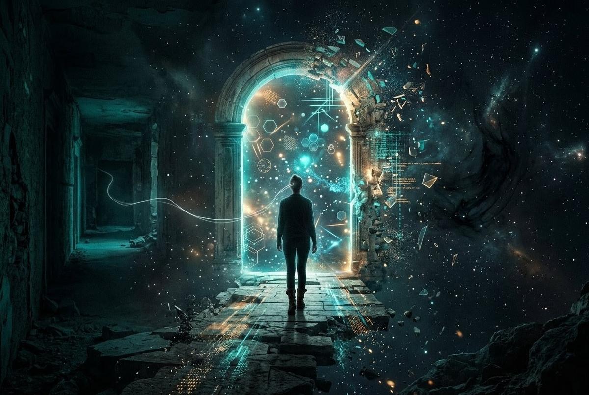 Surreal liminal space between waking and sleep with floating geometric patterns