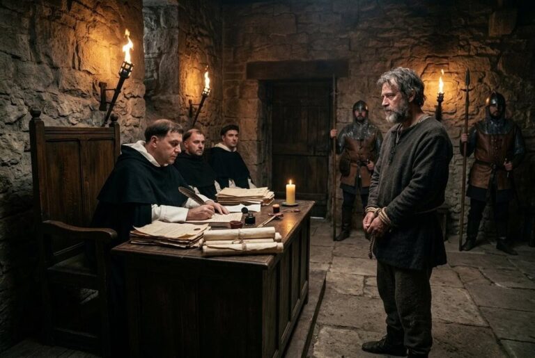 Medieval Inquisition tribunal interrogating accused Cathar heretic in stone chamber
