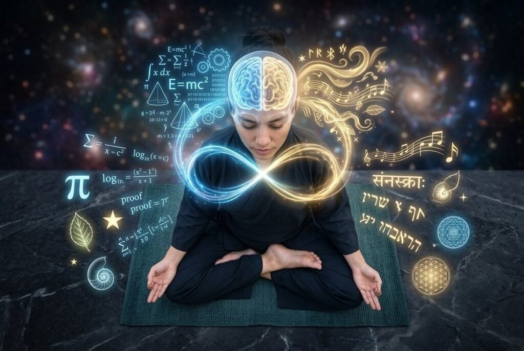 Overhead view of meditation with glowing balanced hemispheres and infinity energy flow