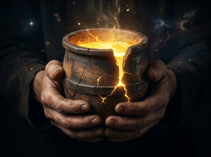 Vessel containing golden light representing the container for mystical transformation