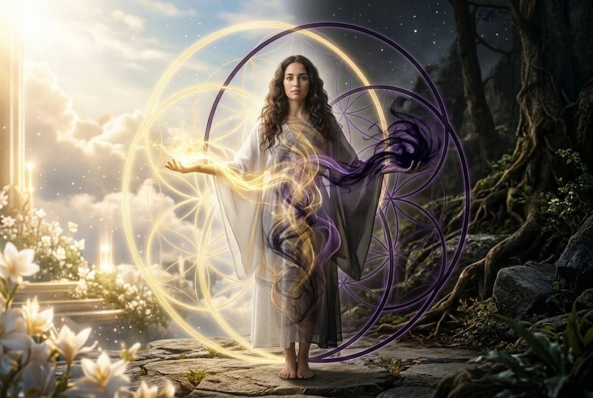 Figure standing between realms of light and shadow with hands extended to both sides, integrating both