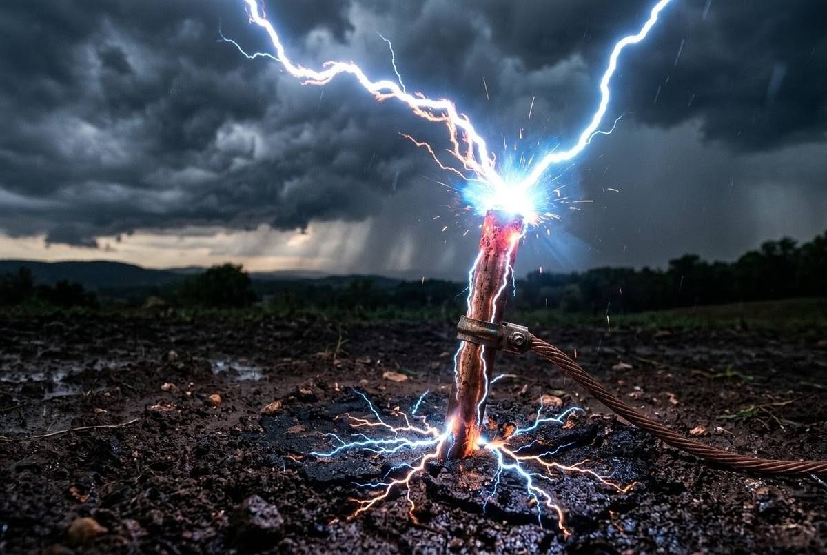 Lightning striking a copper conductor rod, grounding celestial electricity into earth