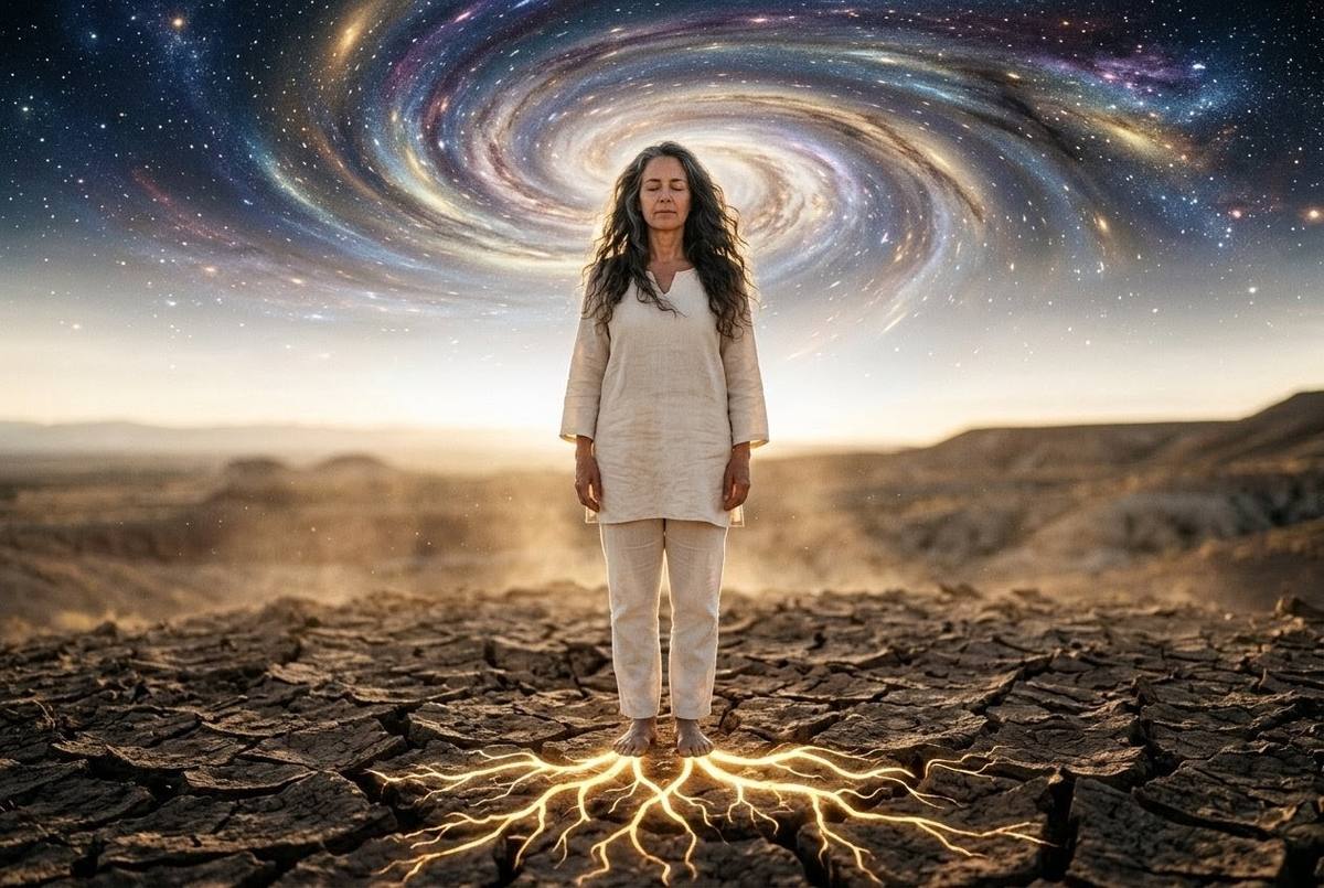 Figure standing on cracked earth with luminous roots extending downward and cosmic light above