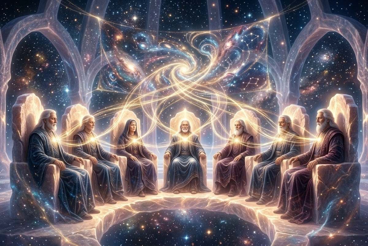 Ethereal council of robed figures in celestial chamber maintaining golden thread connections