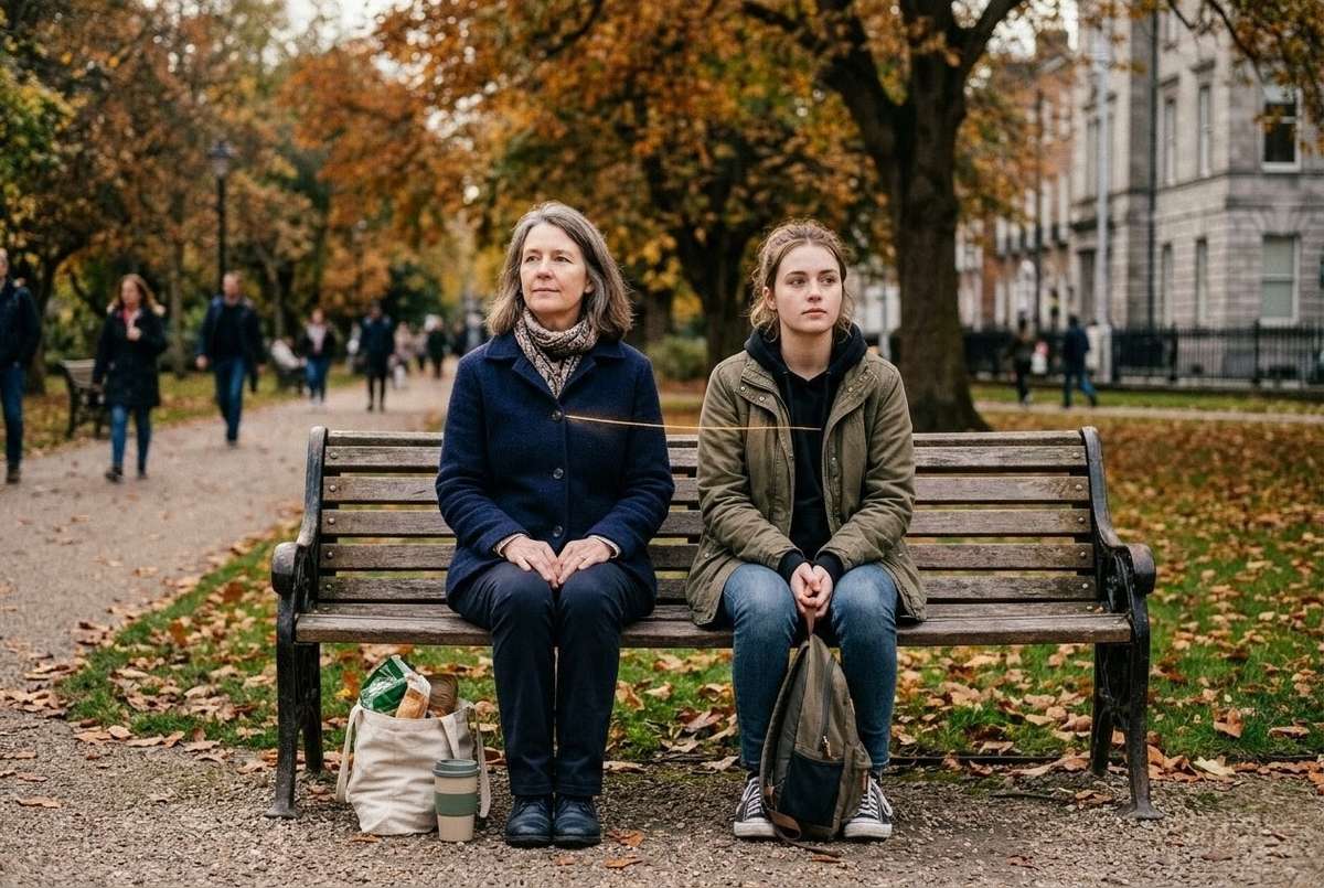 Two people on park bench with subtle golden thread between them