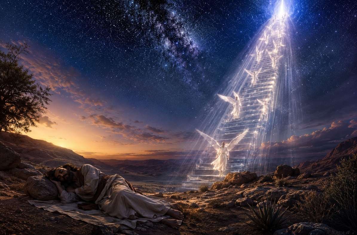 Ancient wilderness at twilight with luminous ladder of light stretching from earth to starfield, translucent angels ascending and descending, sleeping figure with stone pillow in foreground