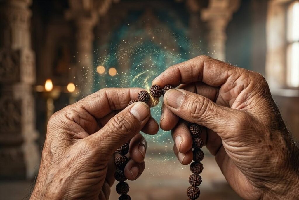 Close up of hands holding traditional rudraksha mala beads during mantra meditation practice
