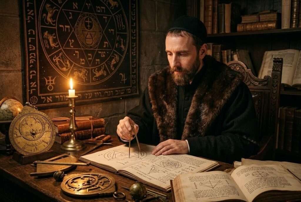 John Dee surrounded by astronomical instruments and manuscripts in his study