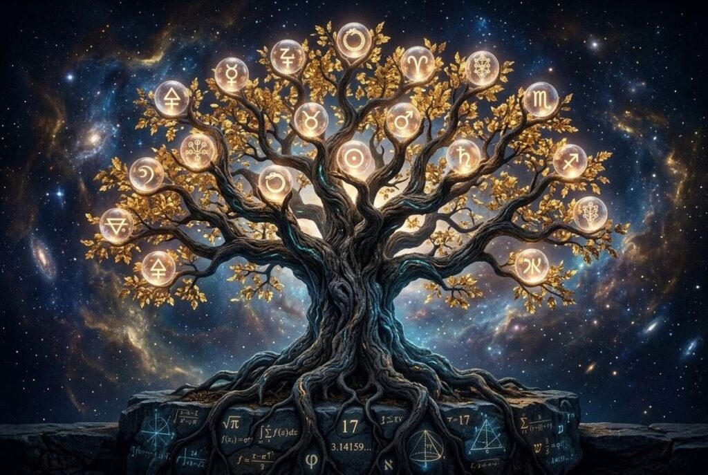 Ancient tree with seventeen branches bearing occult symbols against cosmic background