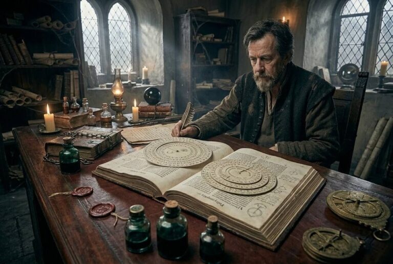 John Dee's personal copy of Trithemius Polygraphia open to show hand-drawn volvelles, planetary decryption discs, and Monas Hieroglyphica marginalia