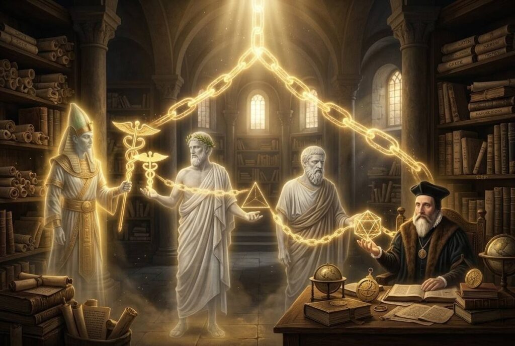 Golden chain of wisdom linking Hermes Trismegistus to John Dee through history