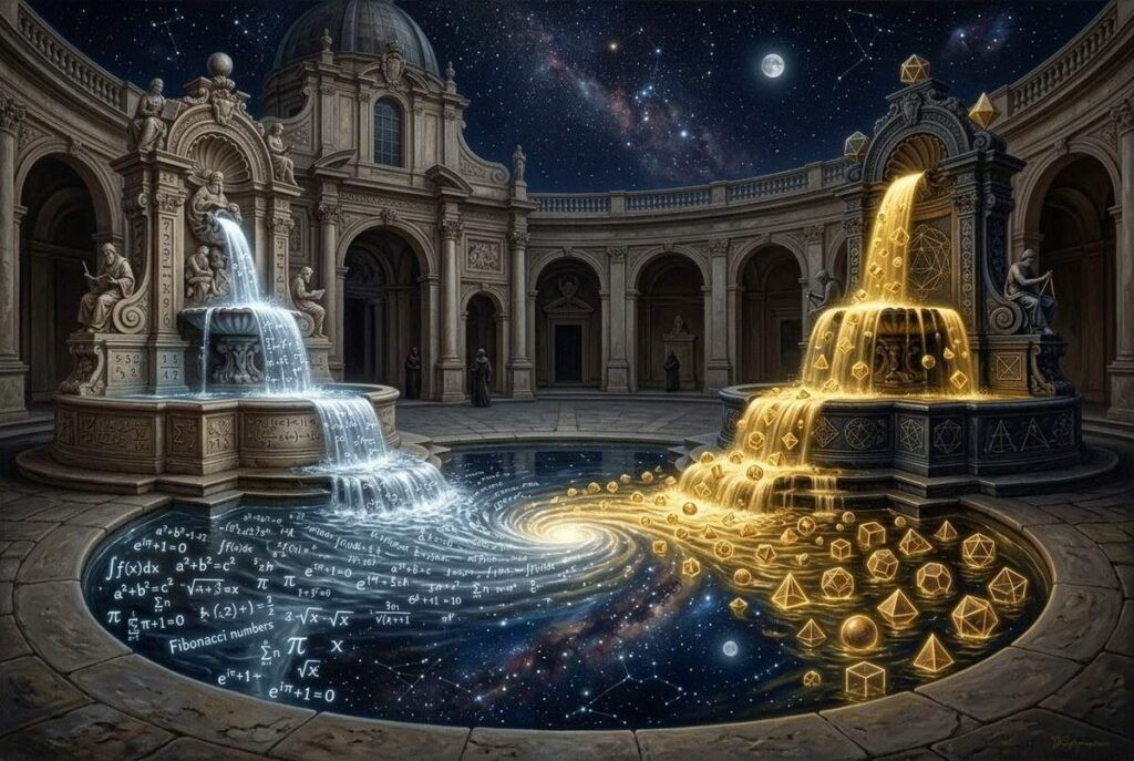 Two mystical fountains representing arithmetic and geometry flowing into one pool