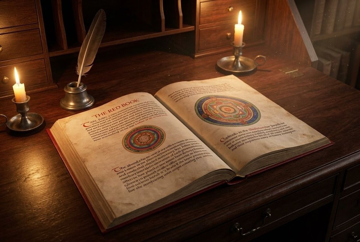 Antique study room with Carl Jung's Red Book open on wooden desk in warm candlelight with mandala drawings