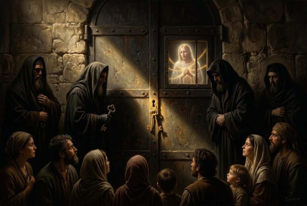Golden keys visible behind locked iron door held by shadowy figures