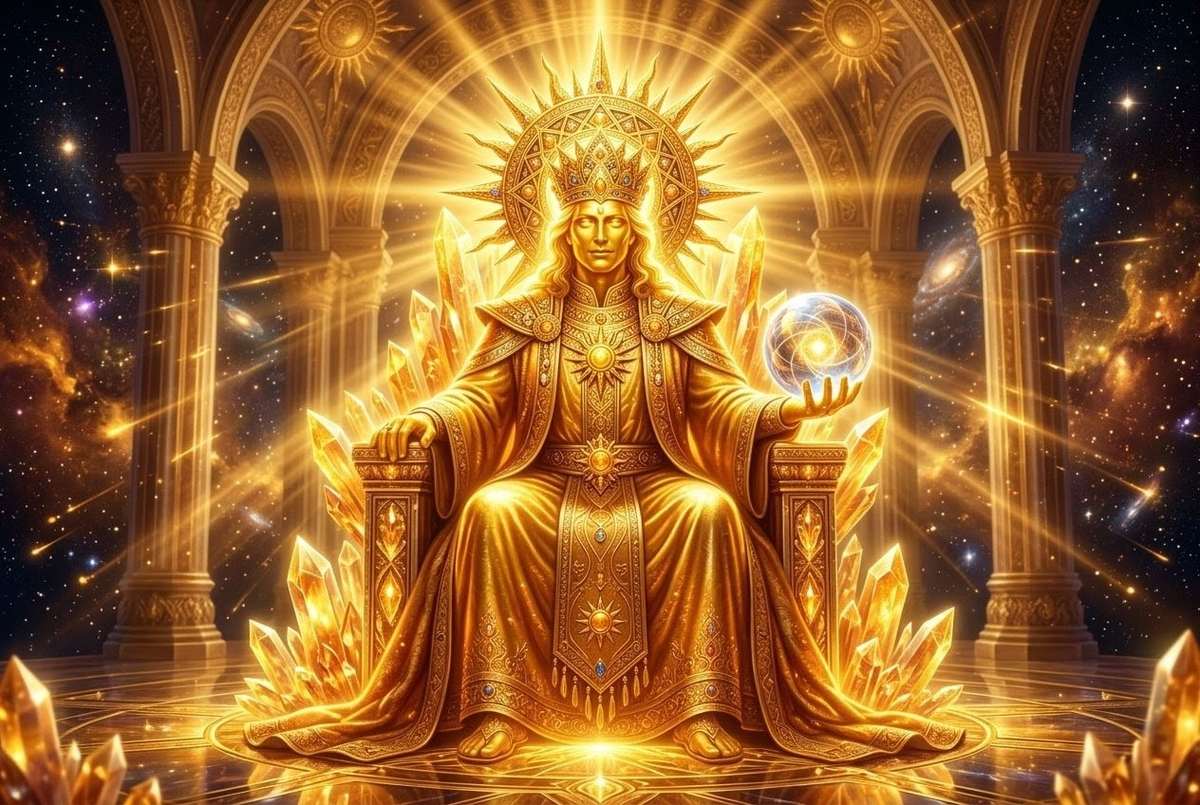 Photorealistic depiction of King Bobogel as golden solar being radiating wisdom and clarity