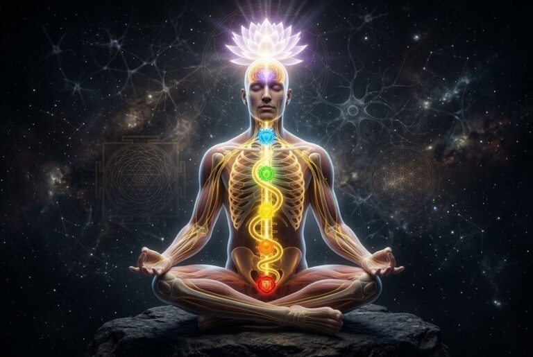 Medical illustration showing kundalini energy rising through the nervous system and chakra centres during spiritual awakening