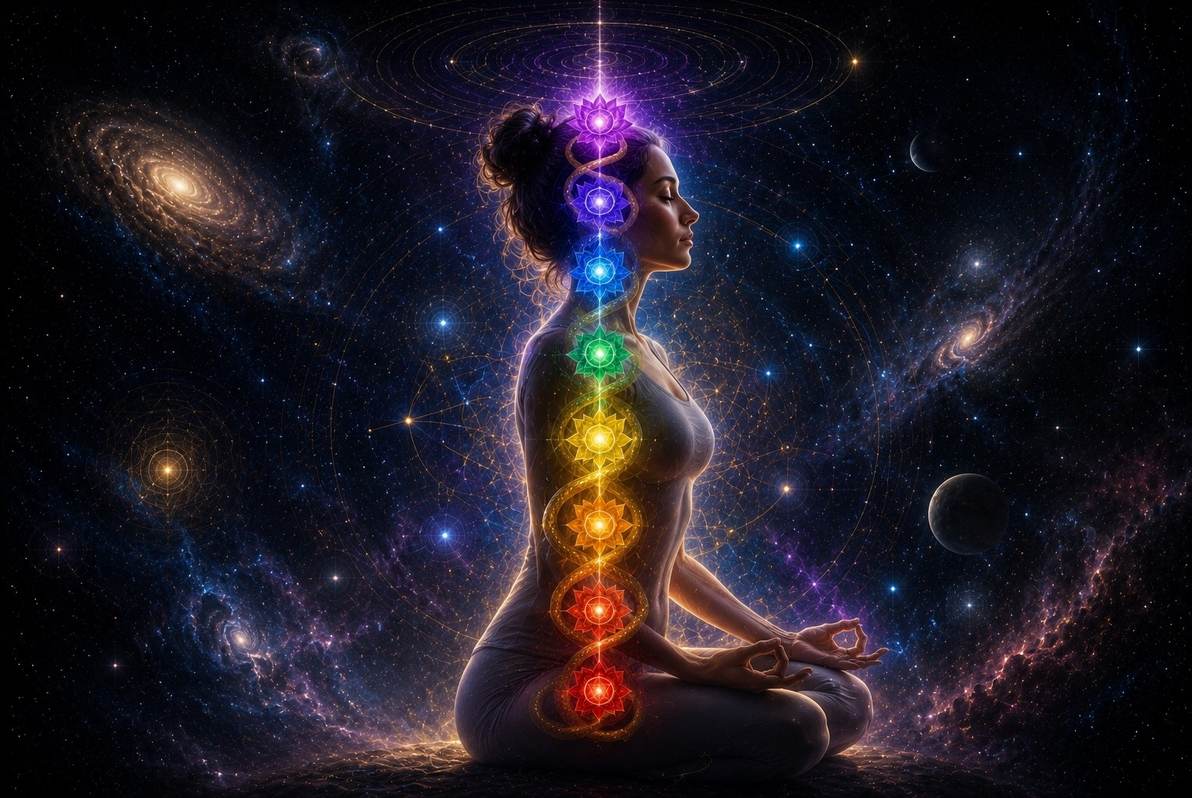 Human silhouette in meditation posture with seven luminous chakras aligned vertically along spine, golden kundalini serpent ascending from root to crown, cosmic background