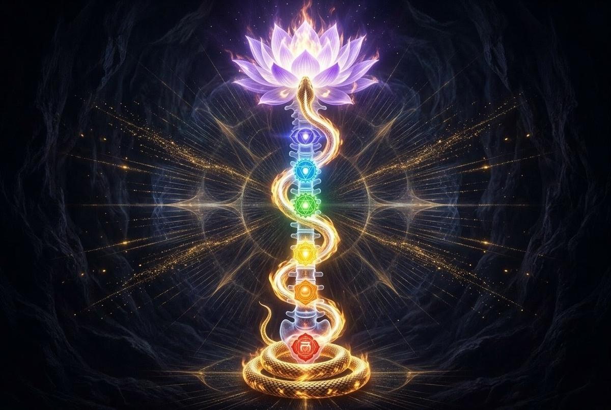 Golden serpent energy rising through chakras