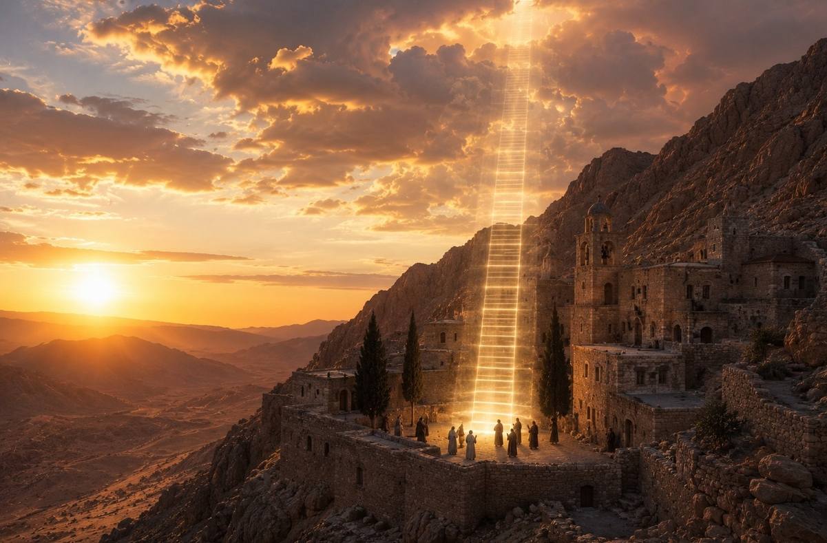 Ancient stone monastery perched on Mount Sinai at dawn, with ethereal ladder of light ascending from the courtyard into golden clouds above
