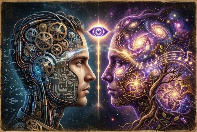 Split brain illustration showing logical left hemisphere and mystical right hemisphere connected by glowing corpus callosum bridge