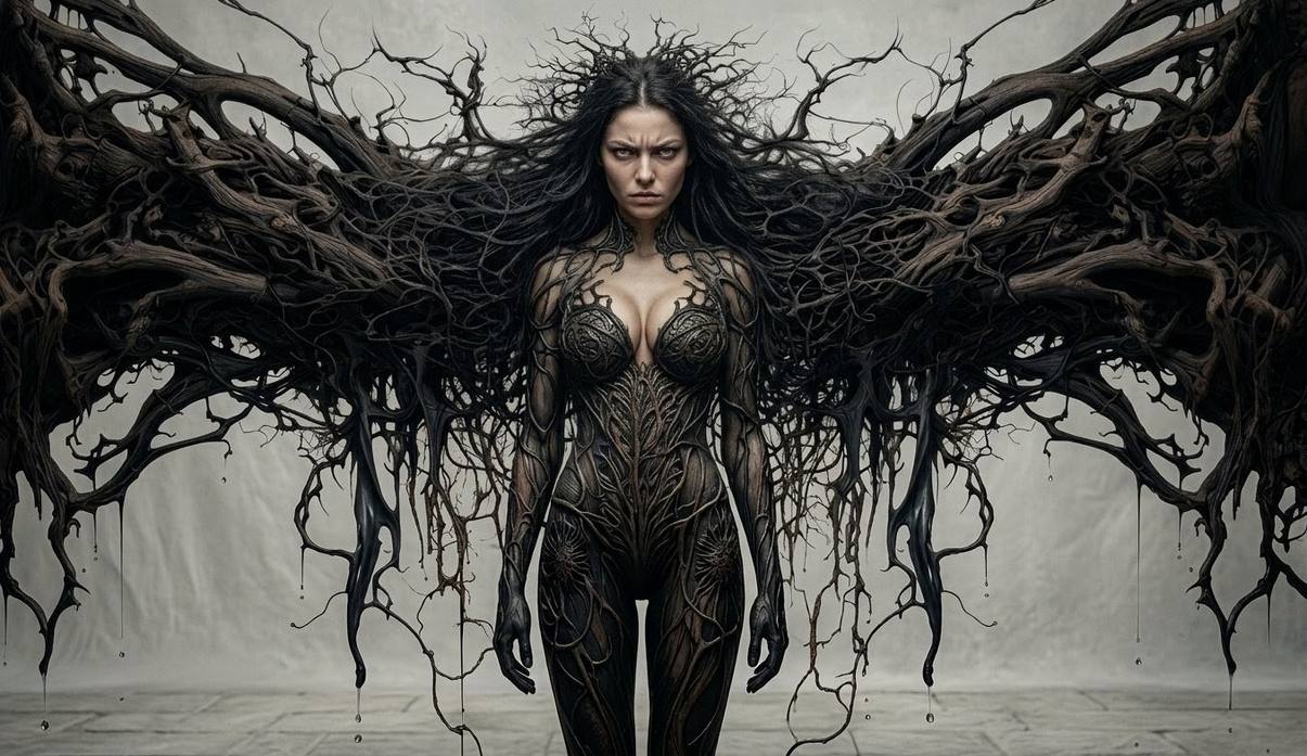 Dark angelic figure with burning wings and crown