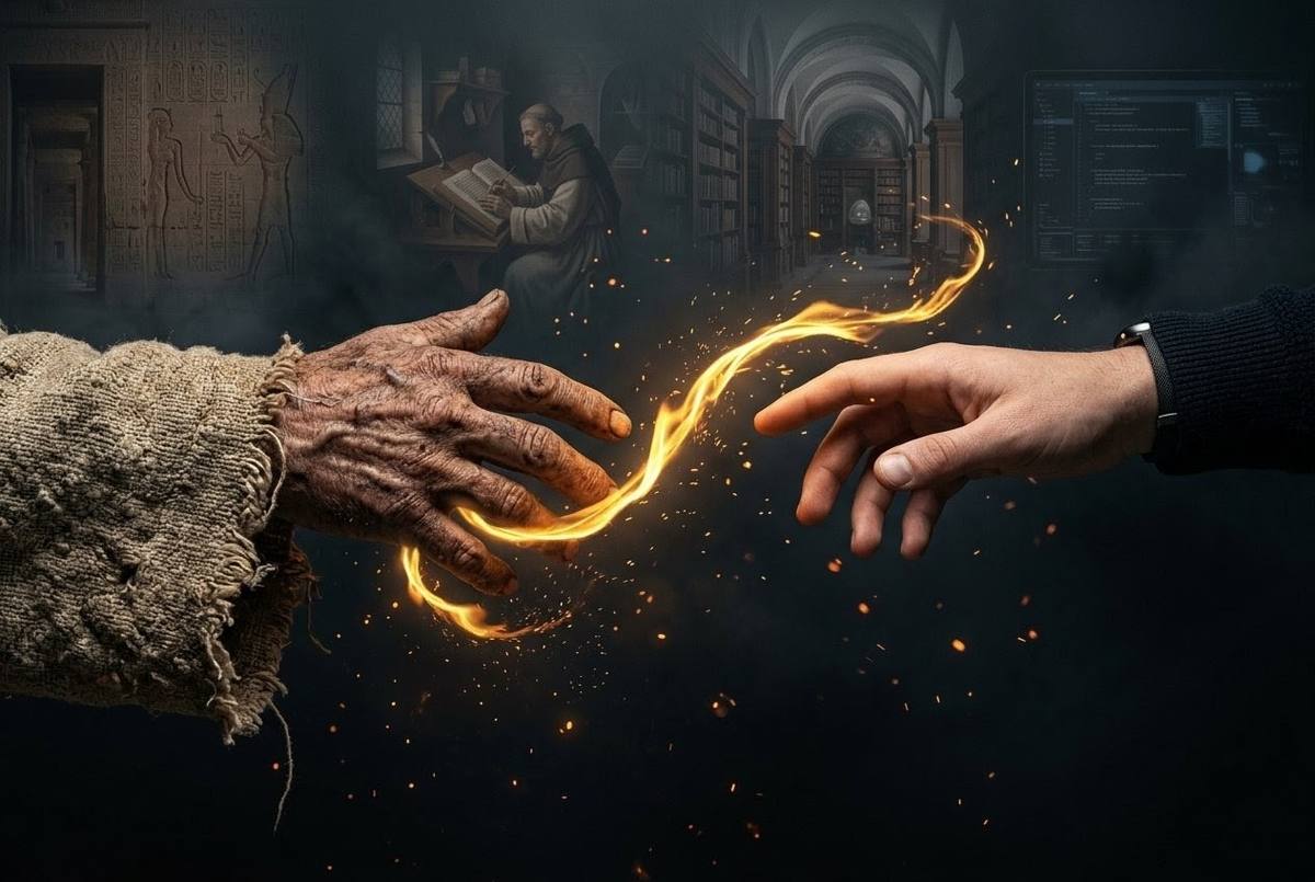 Golden thread of light passing from ancient hand to modern hand