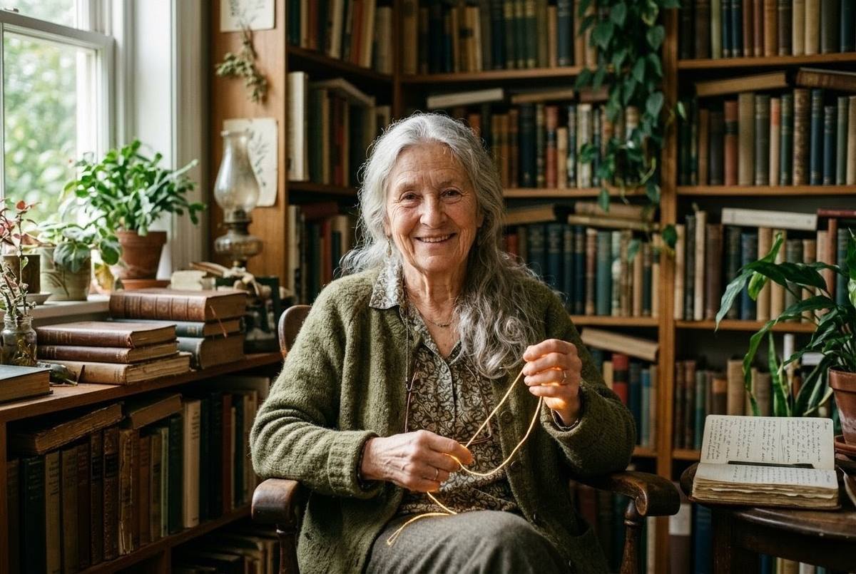 Elder figure with silver hair holding golden thread, surrounded by books and warm light