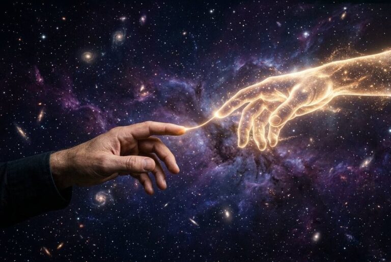Two hands reaching across void connected by golden thread