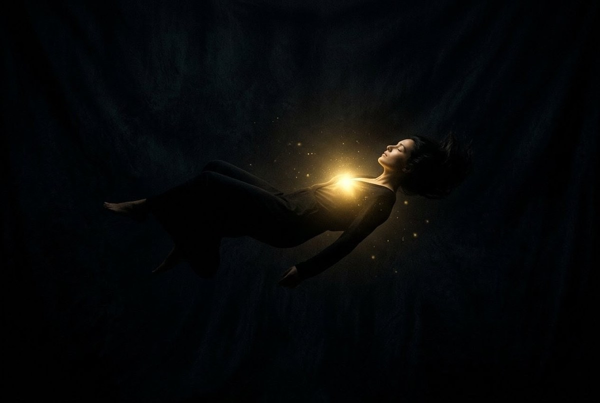 Figure emitting golden glow in pitch-black void