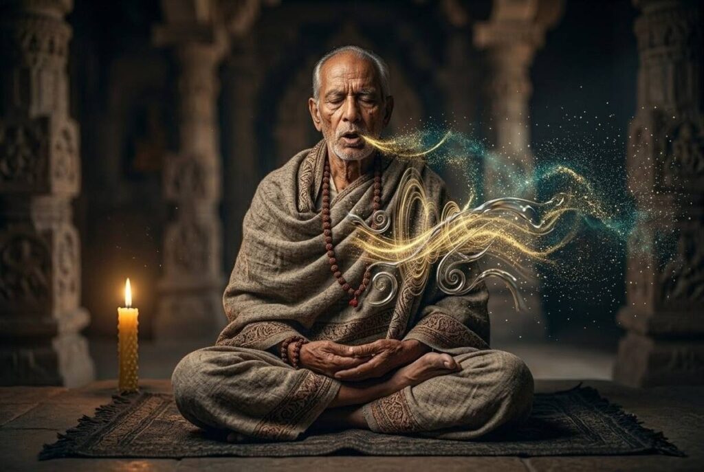 Meditator in lotus position with visible sound waves emanating from chest, transitioning from mantra to inner silence