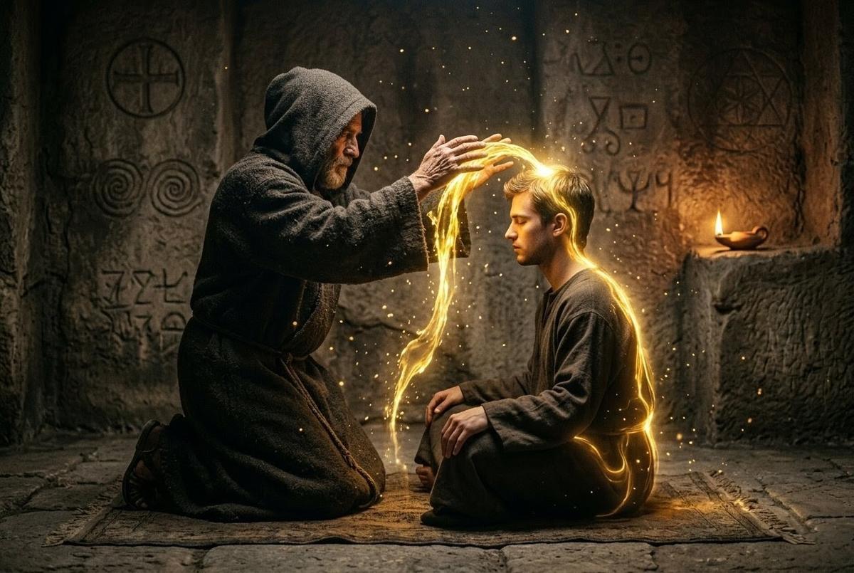 Robe-clad master transmitting golden light to kneeling disciple in ancient chamber