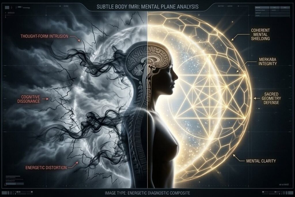 A diagram showing the mental body surrounded by protective geometric shielding against negative thought-forms